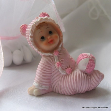 Figurine Bapteme Bebe Fille En Pyjama Rose Assise