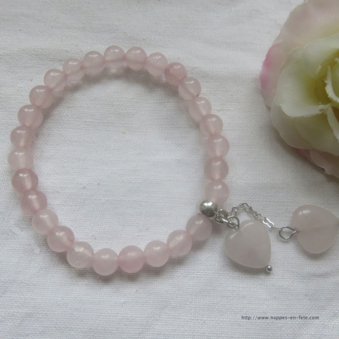 bracelet cœurs en quartz rose, idée pour saint Valentin ou fête des mères,